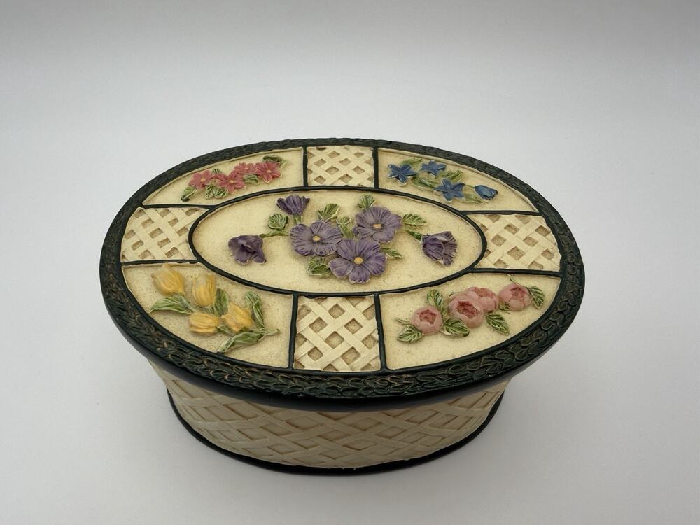 Dezine Vintage 90s Trinket Box w/Lid Basket Weave 3D Floral Accents Cottage